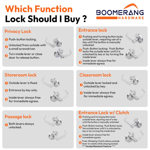 Entry Function - ADA Commercial Door Lever Lock - Boomerang Hdwe Heavy-Duty Locking Handle, Cylindrical Lever Lock, Non-Handed Grade 2 Handle, Satin Chrome, Entrance/Keylock