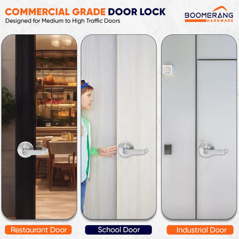 Entry Function - ADA Commercial Door Lever Lock - Boomerang Hdwe Heavy-Duty Locking Handle, Cylindrical Lever Lock, Non-Handed Grade 2 Handle, Satin Chrome, Entrance/Keylock