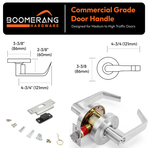 Entry Function - ADA Commercial Door Lever Lock - Boomerang Hdwe Heavy-Duty Locking Handle, Cylindrical Lever Lock, Non-Handed Grade 2 Handle, Satin Chrome, Entrance/Keylock