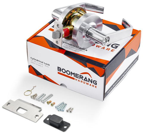 Entry Function - ADA Commercial Door Lever Lock - Boomerang Hdwe Heavy-Duty Locking Handle, Cylindrical Lever Lock, Non-Handed Grade 2 Handle, Satin Chrome, Entrance/Keylock