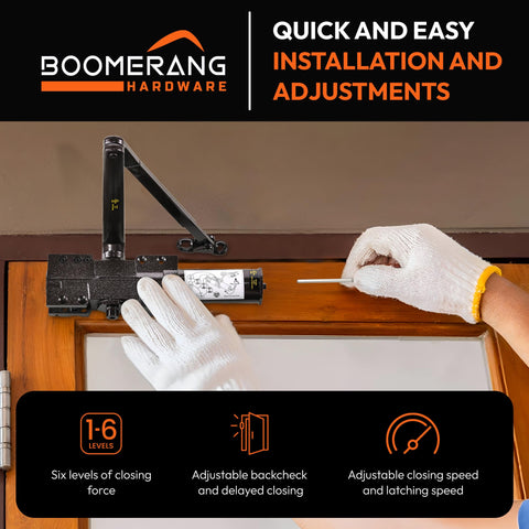 Extra Heavy Duty Designer Auto Commercial Door Closer - Boomerang D9016- Surface Mounted, Grade 1, Cast Iron, UL 3 Hour Fire Rated & ADA for High Abuse & Extreme Traffic Doors, Aluminum/Silver