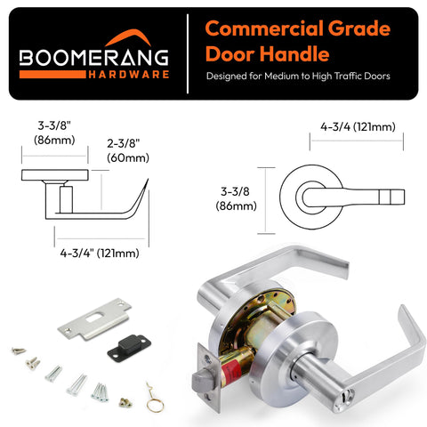 Entry Function - ADA Commercial Door Lever Lock - Boomerang Hdwe Heavy-Duty Locking Handle, Cylindrical Lever Lock, Non-Handed Grade 2 Handle, Satin Chrome, Entrance/Keylock