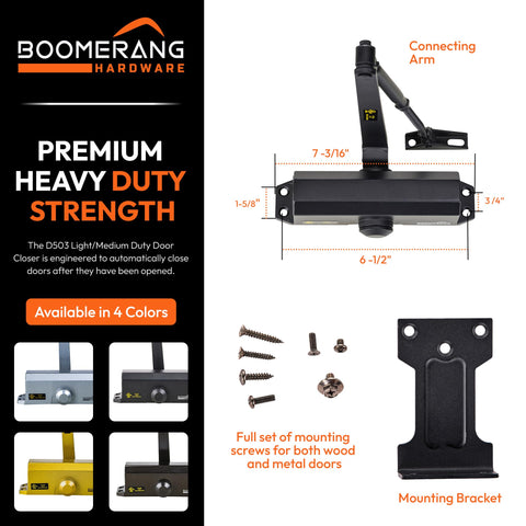 Light/Medium Duty Residential & Light Commercial Auto Door Closer -Boomerang D503 Surface Mounted, Cast Aluminum Closer, Adjustable Closing, Grade 2 & UL 3 Hour Fire Rated