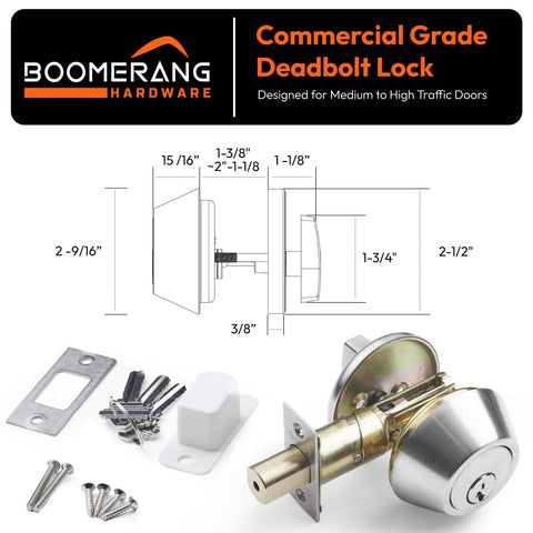 Heavy Duty Designer Commercial Deadbolt (Single Cylinder Lock, Boomerang Hdwe Non-Handed, Grade 2 Industrial - UL 3 Hour Fire Rated & ADA Compliant | Wood or Metal Doors, Satin Chrome (US26D)