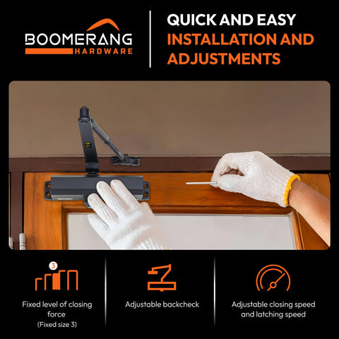 Medium Duty Automatic Commercial Door Closer - Boomerang D703 Hydraulic UL 3 hr. Fire Rated Closer, Surface-Mounted Size 3 for Home & Light Commercial Doors