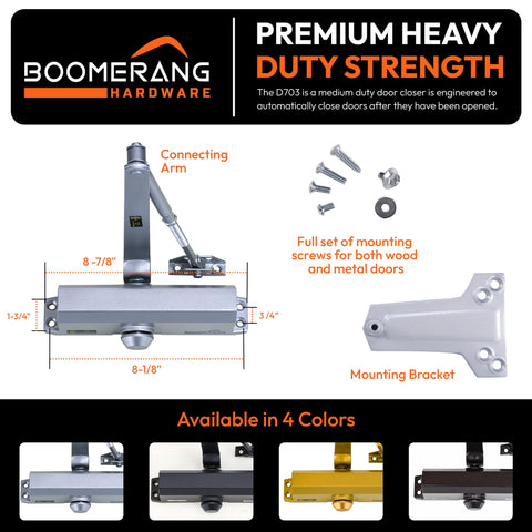 Medium Duty Automatic Commercial Door Closer - Boomerang D703 Hydraulic UL 3 hr. Fire Rated Closer, Surface-Mounted Size 3 for Home & Light Commercial Doors