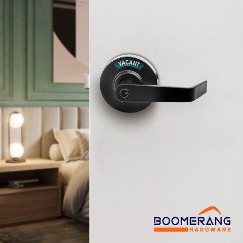 Medium/Heavy Duty Designer Boomerang Hdwe Commercial Lever Door Lock (Bathroom Privacy w/Indicator) Non-Handed, Grade 2 Industrial Door Handle for Restroom, Satin Chrome (US26D)