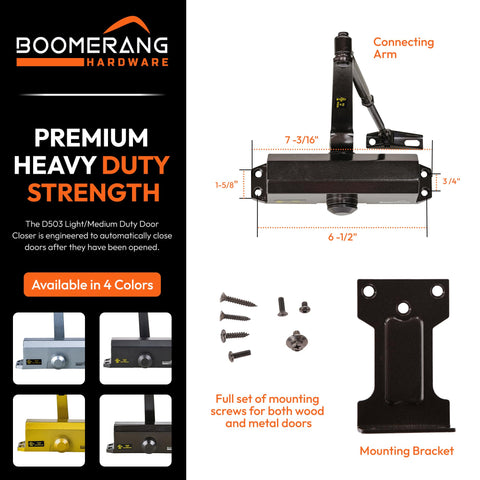 Light/Medium Duty Residential & Light Commercial Auto Door Closer -Boomerang D503 Surface Mounted, Cast Aluminum Closer, Adjustable Closing, Grade 2 & UL 3 Hour Fire Rated