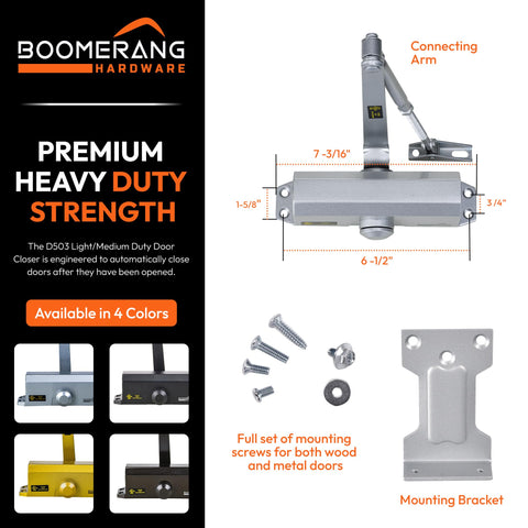 Light/Medium Duty Residential & Light Commercial Auto Door Closer -Boomerang D503 Surface Mounted, Cast Aluminum Closer, Adjustable Closing, Grade 2 & UL 3 Hour Fire Rated