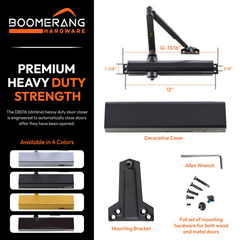 Heavy Duty Designer Automatic Commercial Door Closer - Boomerang Hdwe D8016-Surface Mounted, Grade 1, Cast Aluminum, UL 3 Hour Fire Rated & ADA for high Traffic doorways, Aluminum/Silver (US26D)