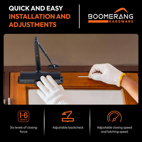 Medium/Heavy Duty Automatic Commercial Door Closer - Boomerang D4016 Surface Mounted, Grade 1- ADA & UL 3 Hour Fire Rated, Adjustable Size 1-6 for Entry & Aluminum Storefronts, Matte Black (US19)