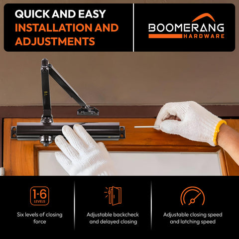 Heavy Duty Designer Automatic Commercial Door Closer - Boomerang Hdwe D8016-Surface Mounted, Grade 1, Cast Aluminum, UL 3 Hour Fire Rated & ADA for high Traffic doorways, Aluminum/Silver (US26D)