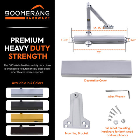 Heavy Duty Designer Automatic Commercial Door Closer - Boomerang Hdwe D8016-Surface Mounted, Grade 1, Cast Aluminum, UL 3 Hour Fire Rated & ADA for high Traffic doorways, Aluminum/Silver (US26D)
