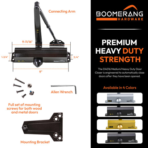 Medium/Heavy Duty Automatic Commercial Door Closer - Boomerang D4016 Surface Mounted, Grade 1- ADA & UL 3 Hour Fire Rated, Adjustable Size 1-6 for Entry & Aluminum Storefronts, Matte Black (US19)