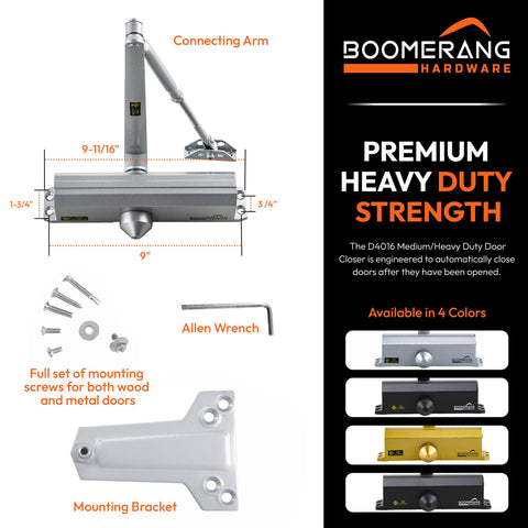 Medium/Heavy Duty Automatic Commercial Door Closer - Boomerang D4016 Surface Mounted, Grade 1- ADA & UL 3 Hour Fire Rated, Adjustable Size 1-6 for Entry & Aluminum Storefronts, Matte Black (US19)