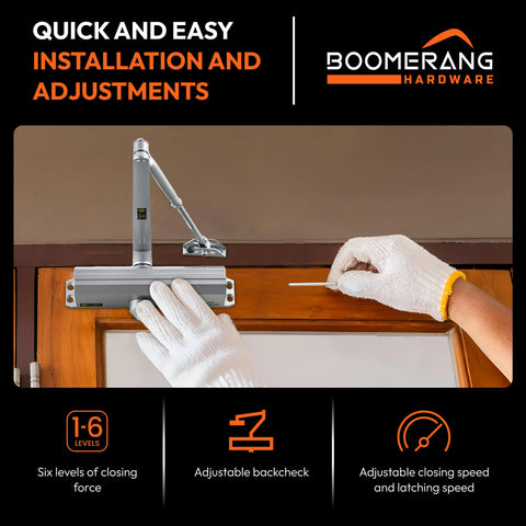 Medium/Heavy Duty Automatic Commercial Door Closer - Boomerang D4016 Surface Mounted, Grade 1- ADA & UL 3 Hour Fire Rated, Adjustable Size 1-6 for Entry & Aluminum Storefronts, Matte Black (US19)