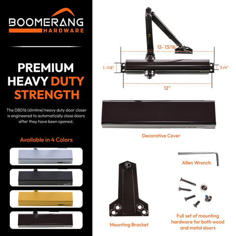 Heavy Duty Designer Automatic Commercial Door Closer - Boomerang Hdwe D8016-Surface Mounted, Grade 1, Cast Aluminum, UL 3 Hour Fire Rated & ADA for high Traffic doorways, Aluminum/Silver (US26D)