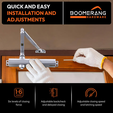 Heavy Duty Designer Automatic Commercial Door Closer - Boomerang Hdwe D8016-Surface Mounted, Grade 1, Cast Aluminum, UL 3 Hour Fire Rated & ADA for high Traffic doorways, Aluminum/Silver (US26D)