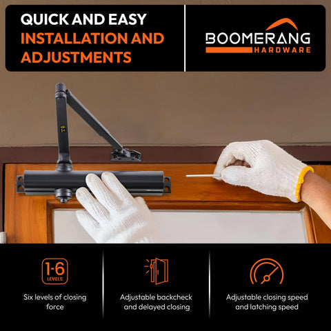 Heavy Duty Designer Automatic Commercial Door Closer - Boomerang Hdwe D8016-Surface Mounted, Grade 1, Cast Aluminum, UL 3 Hour Fire Rated & ADA for high Traffic doorways, Aluminum/Silver (US26D)