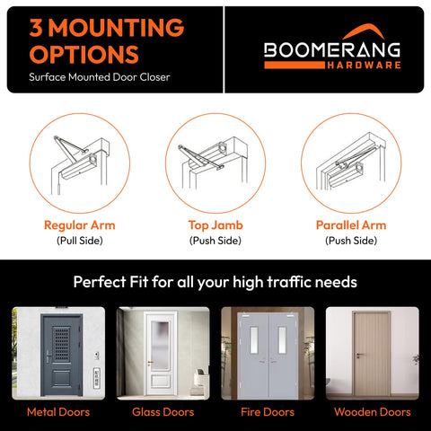 Heavy Duty Designer Automatic Commercial Door Closer - Boomerang Hdwe D8016-Surface Mounted, Grade 1, Cast Aluminum, UL 3 Hour Fire Rated & ADA for high Traffic doorways, Aluminum/Silver (US26D)