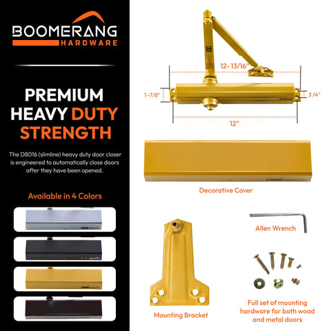 Heavy Duty Designer Automatic Commercial Door Closer - Boomerang Hdwe D8016-Surface Mounted, Grade 1, Cast Aluminum, UL 3 Hour Fire Rated & ADA for high Traffic doorways, Aluminum/Silver (US26D)