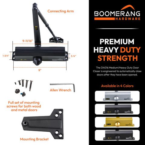 Medium/Heavy Duty Automatic Commercial Door Closer - Boomerang D4016 Surface Mounted, Grade 1- ADA & UL 3 Hour Fire Rated, Adjustable Size 1-6 for Entry & Aluminum Storefronts, Matte Black (US19)