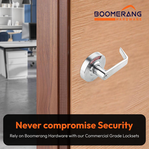 Medium/Heavy Duty Designer Boomerang Hdwe Commercial Lever Door Lock (Bathroom Privacy w/Indicator) Non-Handed, Grade 2 Industrial Door Handle for Restroom, Satin Chrome (US26D)