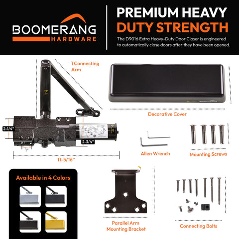 Extra Heavy Duty Designer Auto Commercial Door Closer - Boomerang D9016- Surface Mounted, Grade 1, Cast Iron, UL 3 Hour Fire Rated & ADA for High Abuse & Extreme Traffic Doors, Aluminum/Silver
