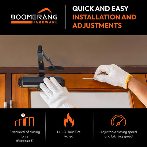 Light/Medium Duty Residential & Light Commercial Auto Door Closer -Boomerang D503 Surface Mounted, Cast Aluminum Closer, Adjustable Closing, Grade 2 & UL 3 Hour Fire Rated
