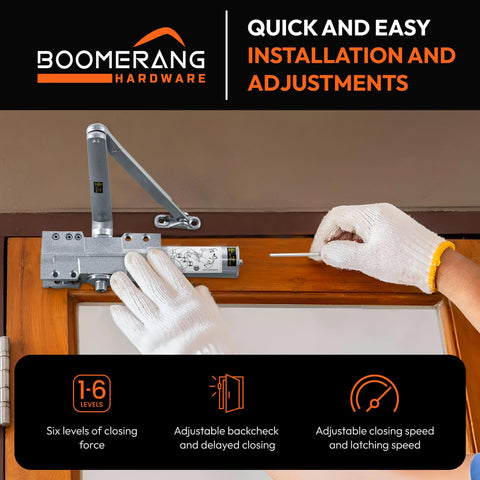 Extra Heavy Duty Designer Auto Commercial Door Closer - Boomerang D9016- Surface Mounted, Grade 1, Cast Iron, UL 3 Hour Fire Rated & ADA for High Abuse & Extreme Traffic Doors, Aluminum/Silver