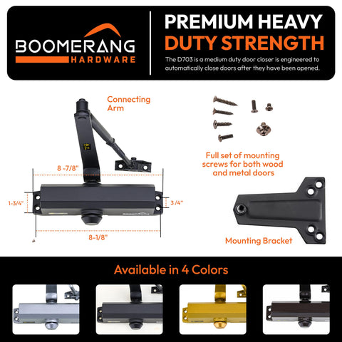 Medium Duty Automatic Commercial Door Closer - Boomerang D703 Hydraulic UL 3 hr. Fire Rated Closer, Surface-Mounted Size 3 for Home & Light Commercial Doors
