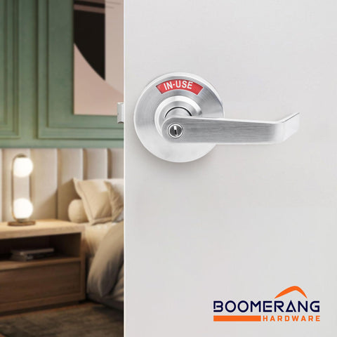 Medium/Heavy Duty Designer Boomerang Hdwe Commercial Lever Door Lock (Bathroom Privacy w/Indicator) Non-Handed, Grade 2 Industrial Door Handle for Restroom, Satin Chrome (US26D)