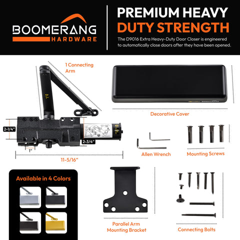 Extra Heavy Duty Designer Auto Commercial Door Closer - Boomerang D9016- Surface Mounted, Grade 1, Cast Iron, UL 3 Hour Fire Rated & ADA for High Abuse & Extreme Traffic Doors, Aluminum/Silver