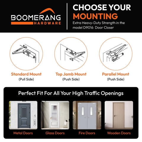 Extra Heavy Duty Designer Auto Commercial Door Closer - Boomerang D9016- Surface Mounted, Grade 1, Cast Iron, UL 3 Hour Fire Rated & ADA for High Abuse & Extreme Traffic Doors, Aluminum/Silver