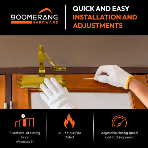 Light/Medium Duty Residential & Light Commercial Auto Door Closer -Boomerang D503 Surface Mounted, Cast Aluminum Closer, Adjustable Closing, Grade 2 & UL 3 Hour Fire Rated