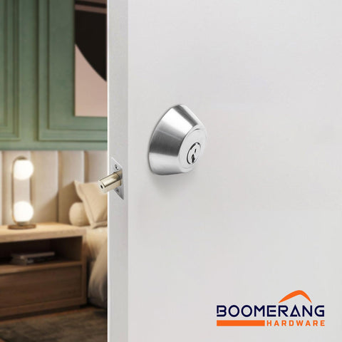Heavy Duty Designer Commercial Deadbolt (Single Cylinder Lock, Boomerang Hdwe Non-Handed, Grade 2 Industrial - UL 3 Hour Fire Rated & ADA Compliant | Wood or Metal Doors, Satin Chrome (US26D)
