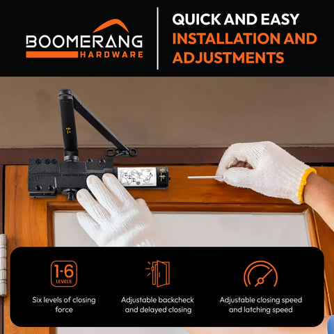 Extra Heavy Duty Designer Auto Commercial Door Closer - Boomerang D9016- Surface Mounted, Grade 1, Cast Iron, UL 3 Hour Fire Rated & ADA for High Abuse & Extreme Traffic Doors, Aluminum/Silver