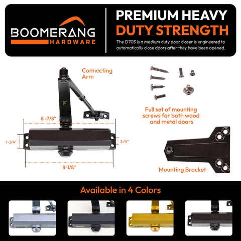 Medium Duty Automatic Commercial Door Closer - Boomerang D703 Hydraulic UL 3 hr. Fire Rated Closer, Surface-Mounted Size 3 for Home & Light Commercial Doors
