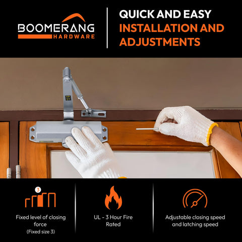 Light/Medium Duty Residential & Light Commercial Auto Door Closer -Boomerang D503 Surface Mounted, Cast Aluminum Closer, Adjustable Closing, Grade 2 & UL 3 Hour Fire Rated