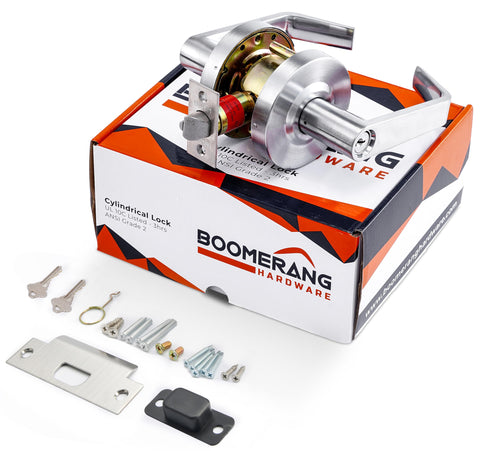 Entry Function - ADA Commercial Door Lever Lock - Boomerang Hdwe Heavy-Duty Locking Handle, Cylindrical Lever Lock, Non-Handed Grade 2 Handle, Satin Chrome, Entrance/Keylock