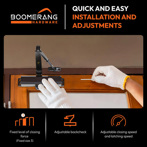 Medium Duty Automatic Commercial Door Closer - Boomerang D703 Hydraulic UL 3 hr. Fire Rated Closer, Surface-Mounted Size 3 for Home & Light Commercial Doors