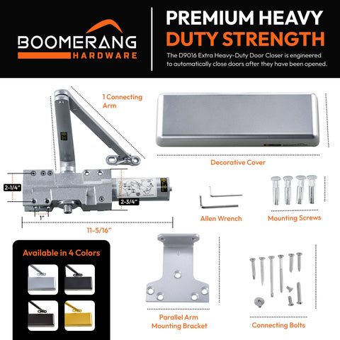 Extra Heavy Duty Designer Auto Commercial Door Closer - Boomerang D9016- Surface Mounted, Grade 1, Cast Iron, UL 3 Hour Fire Rated & ADA for High Abuse & Extreme Traffic Doors, Aluminum/Silver