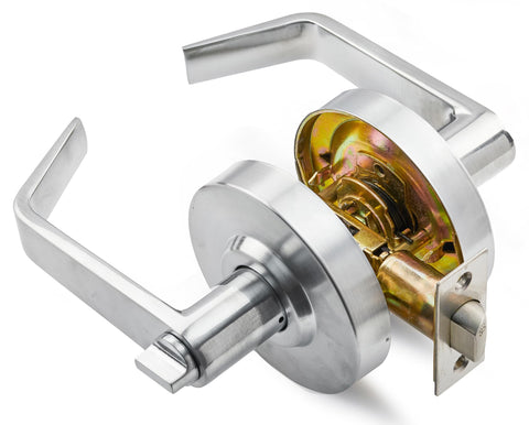 Medium/Heavy Duty Designer Boomerang Hdwe Commercial Lever Door Lock (Bathroom Privacy w/Indicator) Non-Handed, Grade 2 Industrial Door Handle for Restroom, Satin Chrome (US26D)
