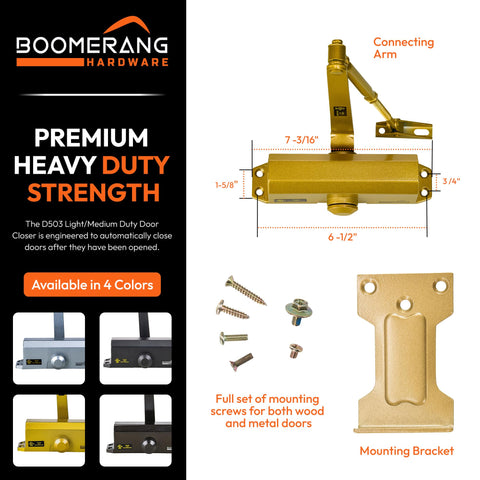Light/Medium Duty Residential & Light Commercial Auto Door Closer -Boomerang D503 Surface Mounted, Cast Aluminum Closer, Adjustable Closing, Grade 2 & UL 3 Hour Fire Rated