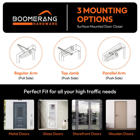 Light/Medium Duty Residential & Light Commercial Auto Door Closer -Boomerang D503 Surface Mounted, Cast Aluminum Closer, Adjustable Closing, Grade 2 & UL 3 Hour Fire Rated
